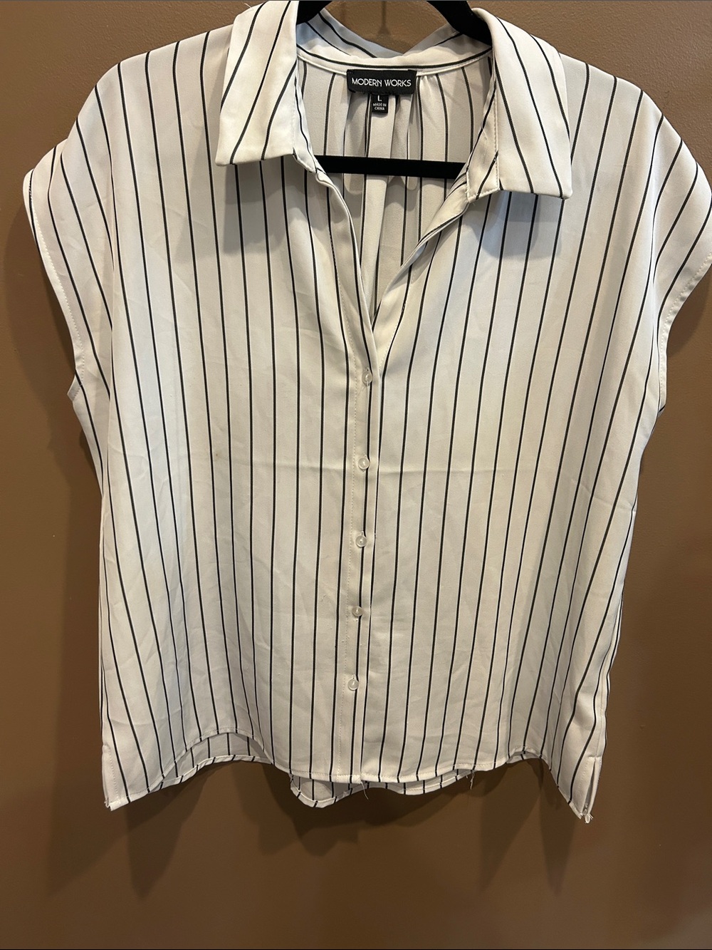Modern Works White Button-Down Cap Sleeve Shirt with Black Pinstripes
